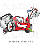 Vector Illustration of a Red Cartoon Lawn Mower Mascot Carrying a Hoe, Rake and Shovel While Gardening by Mascot Junction