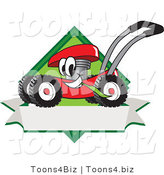 Vector Illustration of a Red Cartoon Lawn Mower Mascot Chewing Grass on a Blank Ribbon Label by Mascot Junction