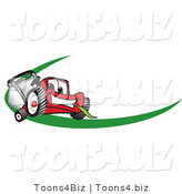 Vector Illustration of a Red Cartoon Lawn Mower Mascot Facing Front on a Logo or Nametag with a Green Dash by Mascot Junction