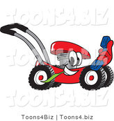 Vector Illustration of a Red Cartoon Lawn Mower Mascot Holding a Blue Telephone by Mascot Junction