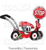 Vector Illustration of a Red Cartoon Lawn Mower Mascot Holding a Stop Sign by Mascot Junction