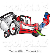 Vector Illustration of a Red Cartoon Lawn Mower Mascot Holding out a Blue Telephone by Toons4Biz