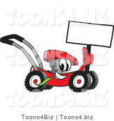 Vector Illustration of a Red Cartoon Lawn Mower Mascot Holding up a Blank Sign While Passing by by Toons4Biz
