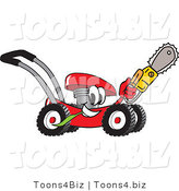Vector Illustration of a Red Cartoon Lawn Mower Mascot Holding up a Saw by Mascot Junction