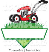 Vector Illustration of a Red Cartoon Lawn Mower Mascot Mowing Grass over a Blank White Label by Mascot Junction