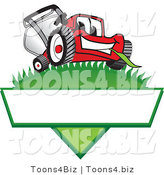Vector Illustration of a Red Cartoon Lawn Mower Mascot on a Grassy Hill on a Blank Label by Mascot Junction
