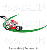 Vector Illustration of a Red Cartoon Lawn Mower Mascot on a Logo or Nametag with a Green Dash by Mascot Junction