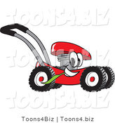Vector Illustration of a Red Cartoon Lawn Mower Mascot Passing by and Chewing on a Blade of Grass by Toons4Biz