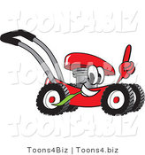 Vector Illustration of a Red Cartoon Lawn Mower Mascot Passing by and Pointing up by Toons4Biz
