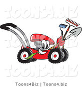 Vector Illustration of a Red Cartoon Lawn Mower Mascot Passing by with a Hoe, Rake and Shovel by Mascot Junction