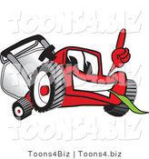 Vector Illustration of a Red Cartoon Lawn Mower Mascot Pointing Upwards by Toons4Biz