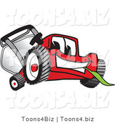Vector Illustration of a Red Cartoon Lawn Mower Mascot Smiling and Eating Grass by Mascot Junction