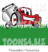 Vector Illustration of a Red Cartoon Lawn Mower Mascot Smiling While Mowing Grass by Mascot Junction