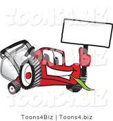 Vector Illustration of a Red Cartoon Lawn Mower Mascot Waving a Blank White Sign by Mascot Junction
