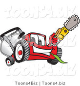 Vector Illustration of a Red Cartoon Lawn Mower Mascot Waving a Saw by Toons4Biz