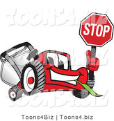 Vector Illustration of a Red Cartoon Lawn Mower Mascot Waving a Stop Sign by Mascot Junction