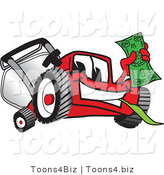 Vector Illustration of a Red Cartoon Lawn Mower Mascot Waving Cash by Toons4Biz