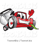 Vector Illustration of a Red Cartoon Lawn Mower Mascot Waving Hello and Eating Grass by Mascot Junction