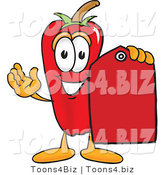 Vector Illustration of a Red Hot Chili Pepper Mascot Holding a Red Price Tag by Mascot Junction