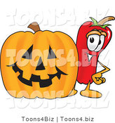 Vector Illustration of a Red Hot Chili Pepper Mascot Standing with a Carved Halloween Pumpkin by Toons4Biz