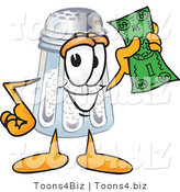Vector Illustration of a Salt Shaker Mascot Holding a Dollar Bill by Toons4Biz