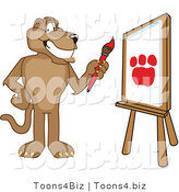 Vector Illustration of a Smiling Cougar Mascot Painting a Paw Print by Mascot Junction