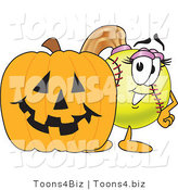 Vector Illustration of a Softball Girl Mascot by a Halloween Pumpkin by Mascot Junction