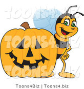 Vector Illustration of a Worker Bee Mascot by a Halloween Pumpkin by Mascot Junction