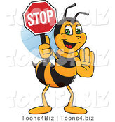 Vector Illustration of a Worker Bee Mascot Holding a Stop Sign by Mascot Junction