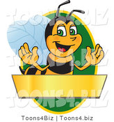 Vector Illustration of a Worker Bee Mascot Logo Mascot over a Blank Banner on a Green Oval by Mascot Junction