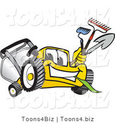 Vector Illustration of a Yellow Cartoon Lawn Mower Mascot Facing Front and Carrying Gardening Tools by Toons4Biz