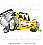 Vector Illustration of a Yellow Cartoon Lawn Mower Mascot Facing Front and Chewing on a Blade of Grass by Toons4Biz