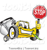 Vector Illustration of a Yellow Cartoon Lawn Mower Mascot Facing Front and Holding a Stop Sign by Toons4Biz