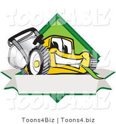Vector Illustration of a Yellow Cartoon Lawn Mower Mascot Facing Front on a Diamond Shaped Logo with a Blank White Banner by Mascot Junction