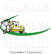 Vector Illustration of a Yellow Cartoon Lawn Mower Mascot Facing Front on a Logo or Nametag with a Green Dash by Mascot Junction