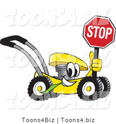Vector Illustration of a Yellow Cartoon Lawn Mower Mascot Holding a Stop Sign by Mascot Junction