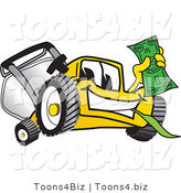 Vector Illustration of a Yellow Cartoon Lawn Mower Mascot Holding Cash by Mascot Junction