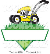Vector Illustration of a Yellow Cartoon Lawn Mower Mascot Mowing Grass over a Blank White Label by Mascot Junction