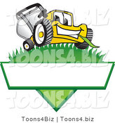 Vector Illustration of a Yellow Cartoon Lawn Mower Mascot on a Triangle Logo with a White Label by Mascot Junction