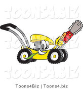 Vector Illustration of a Yellow Cartoon Lawn Mower Mascot Passing by and Carrying a Saw by Mascot Junction