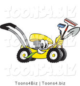 Vector Illustration of a Yellow Cartoon Lawn Mower Mascot Passing by and Carrying Gardening Tools by Toons4Biz