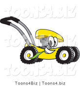Vector Illustration of a Yellow Cartoon Lawn Mower Mascot Passing by and Chewing on Grass by Mascot Junction