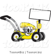 Vector Illustration of a Yellow Cartoon Lawn Mower Mascot Passing by and Holding a Blank Sign by Mascot Junction