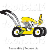 Vector Illustration of a Yellow Cartoon Lawn Mower Mascot Passing by and Pointing Upwards by Mascot Junction