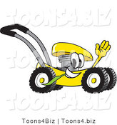 Vector Illustration of a Yellow Cartoon Lawn Mower Mascot Passing by and Waving by Toons4Biz