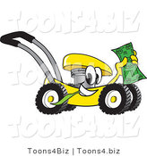 Vector Illustration of a Yellow Cartoon Lawn Mower Mascot Passing by and Waving Cash in the Air by Mascot Junction