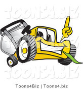 Vector Illustration of a Yellow Cartoon Lawn Mower Mascot Pointing Upwards by Toons4Biz