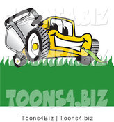 Vector Illustration of a Yellow Cartoon Lawn Mower Mascot Smiling and Chewing on Grass by Mascot Junction