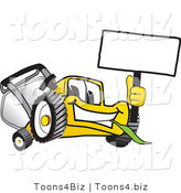 Vector Illustration of a Yellow Cartoon Lawn Mower Mascot Waving a Blank Sign by Mascot Junction