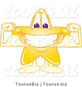 Vector Illustration of a Yellow Cartoon Star Mascot Grinning and Flexing by Mascot Junction